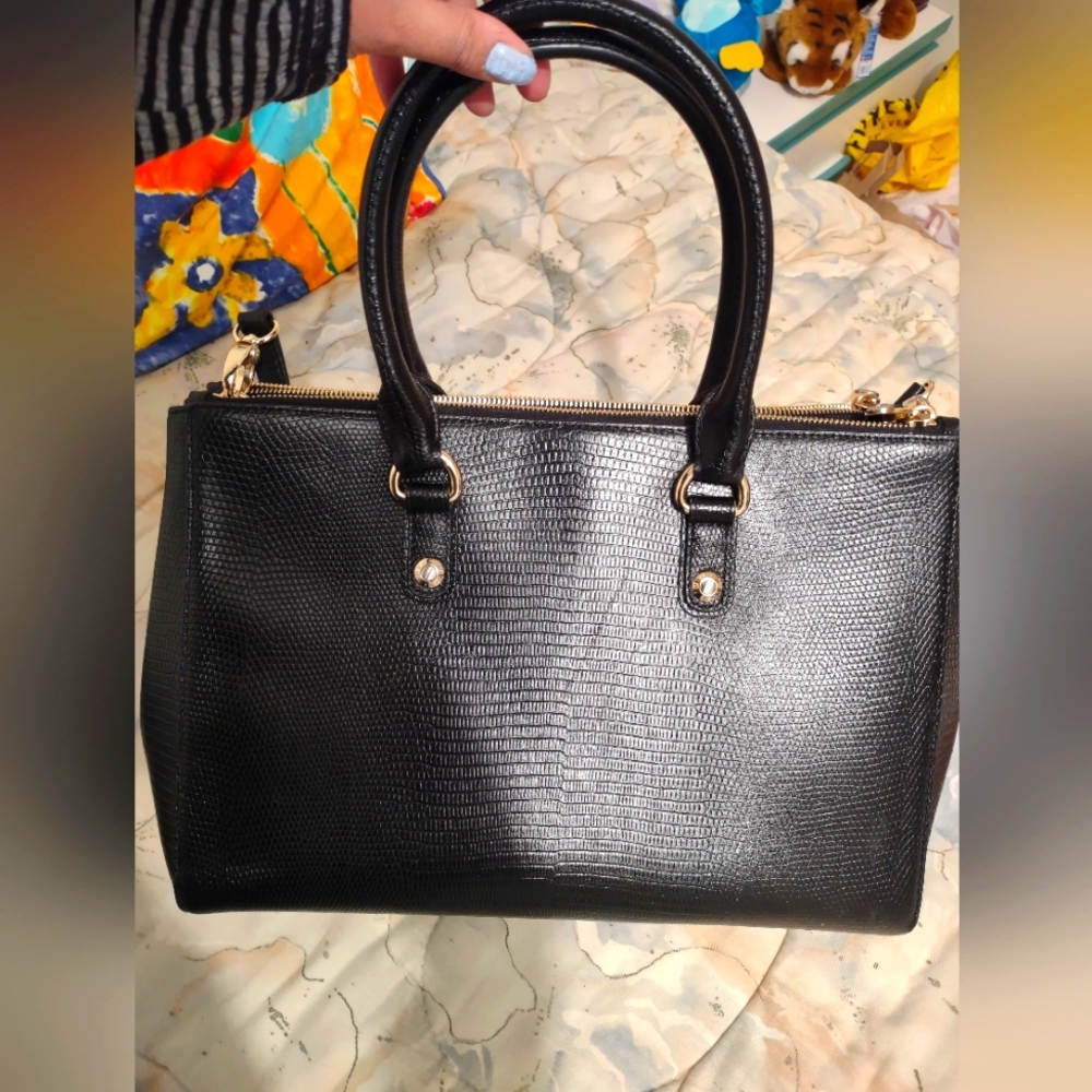 Henri Bendel: Black Reptile Embossed Crossbody Satchel Bag.